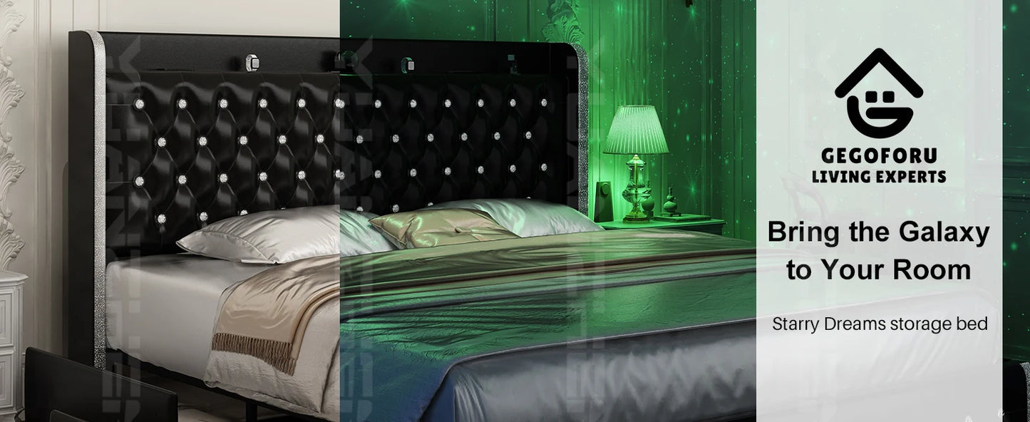 Bed Frame, Galaxy Projector, Bluetooth Speaker, USB Ports, 4 Drawers, No Box Spring Needed