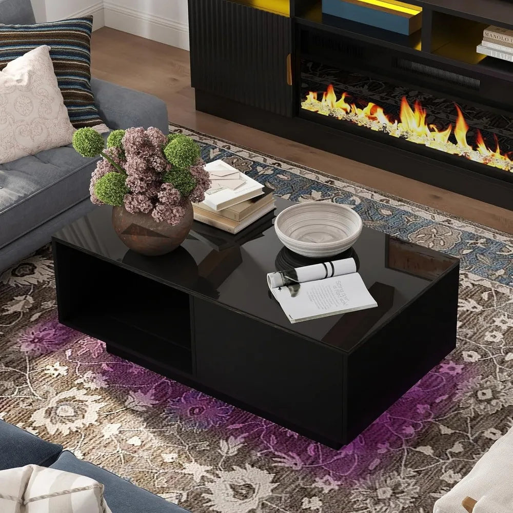 High Gloss Modern LED Coffee Table with Storage Space