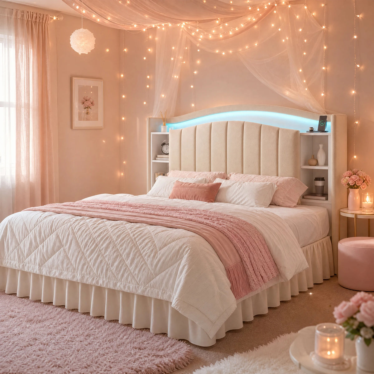 Bed Frame with Bookcase Headboard & Hidden-Cubby