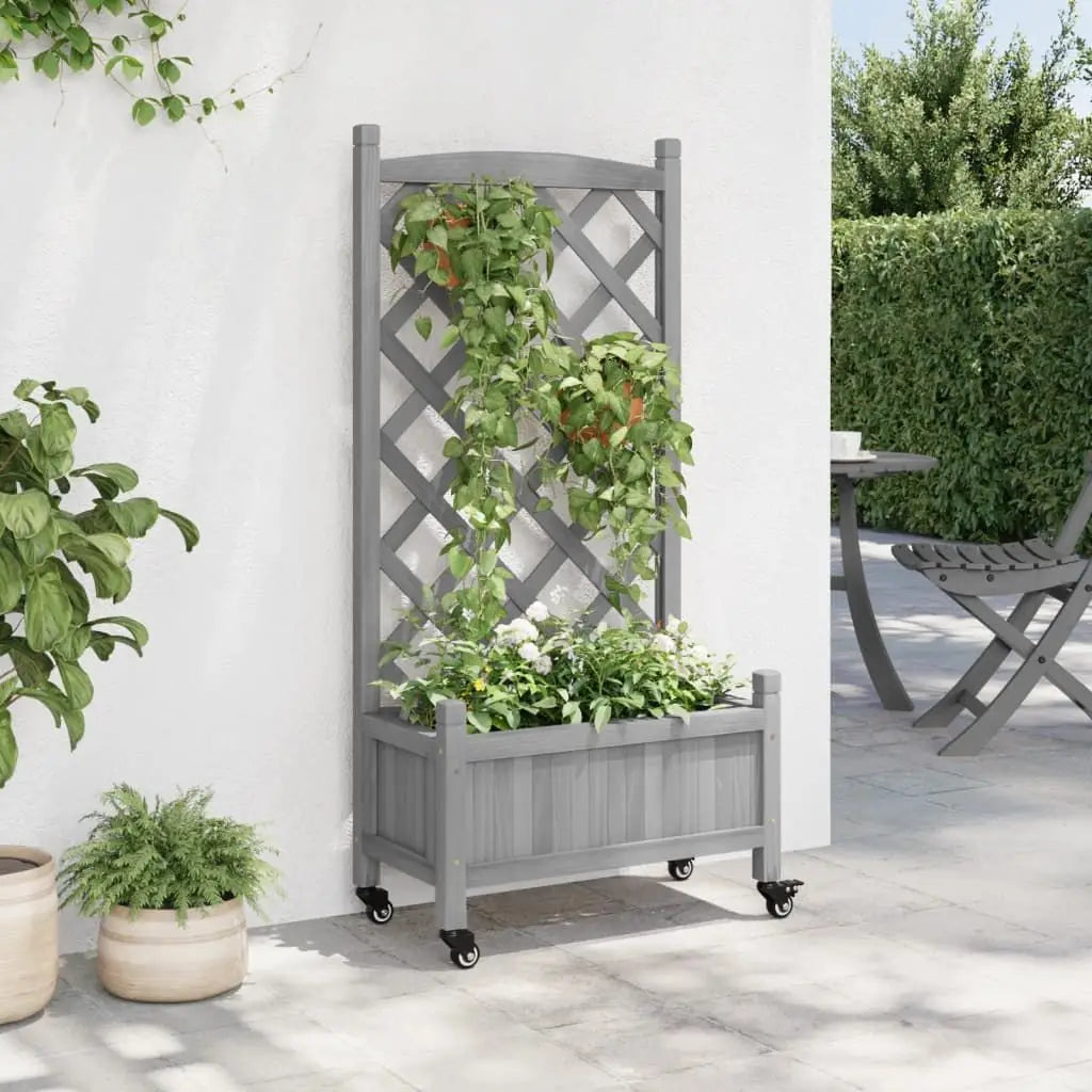 Gray Solid Wood Fir Planter with Trellis and Wheels