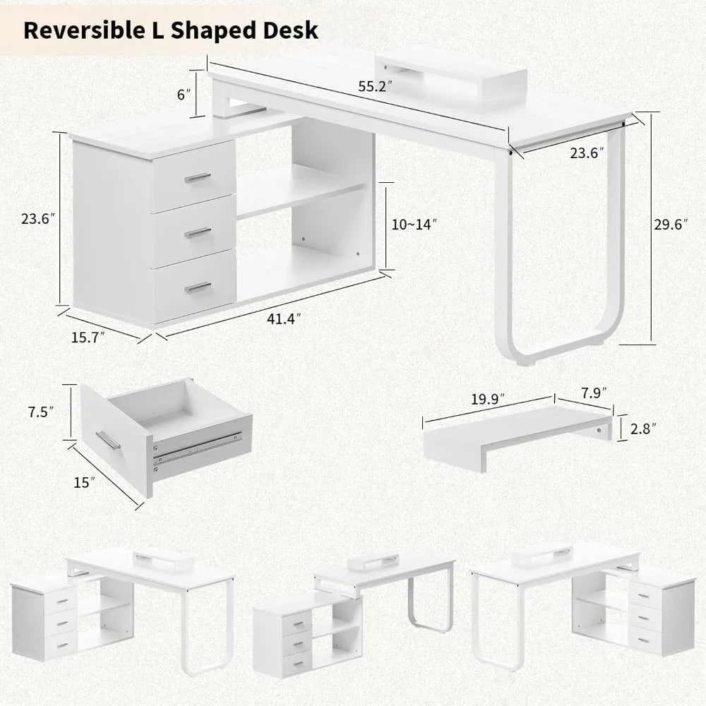 L-Shaped Desk with Drawers and Shelves