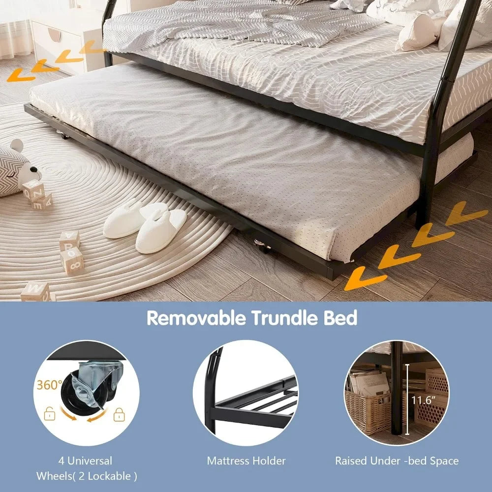 Heavy Duty Metal Triple Bed Frame with Trundle