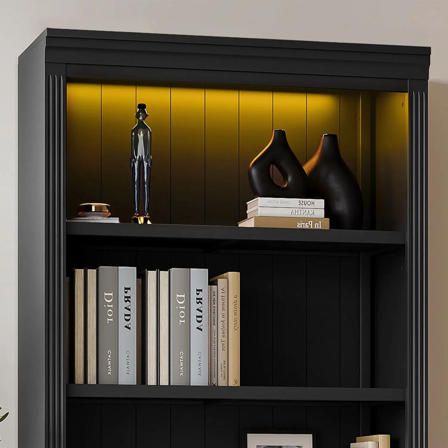 Free-standing Black Wood Bookcase - Shelves Light Strip Storage Organizer