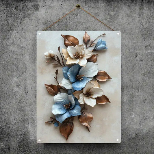 Metal Wall Elegant Art Blue and White Flower