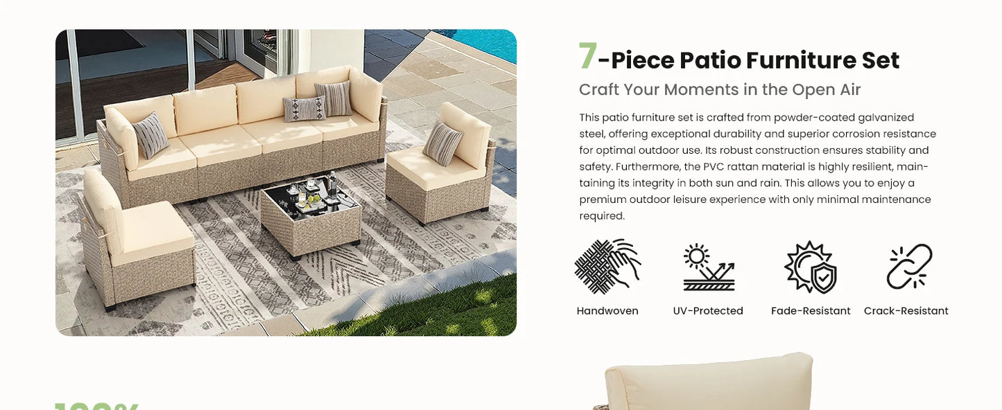 All-Weather Rattan Sectional Sofa with Tempered Glass Table