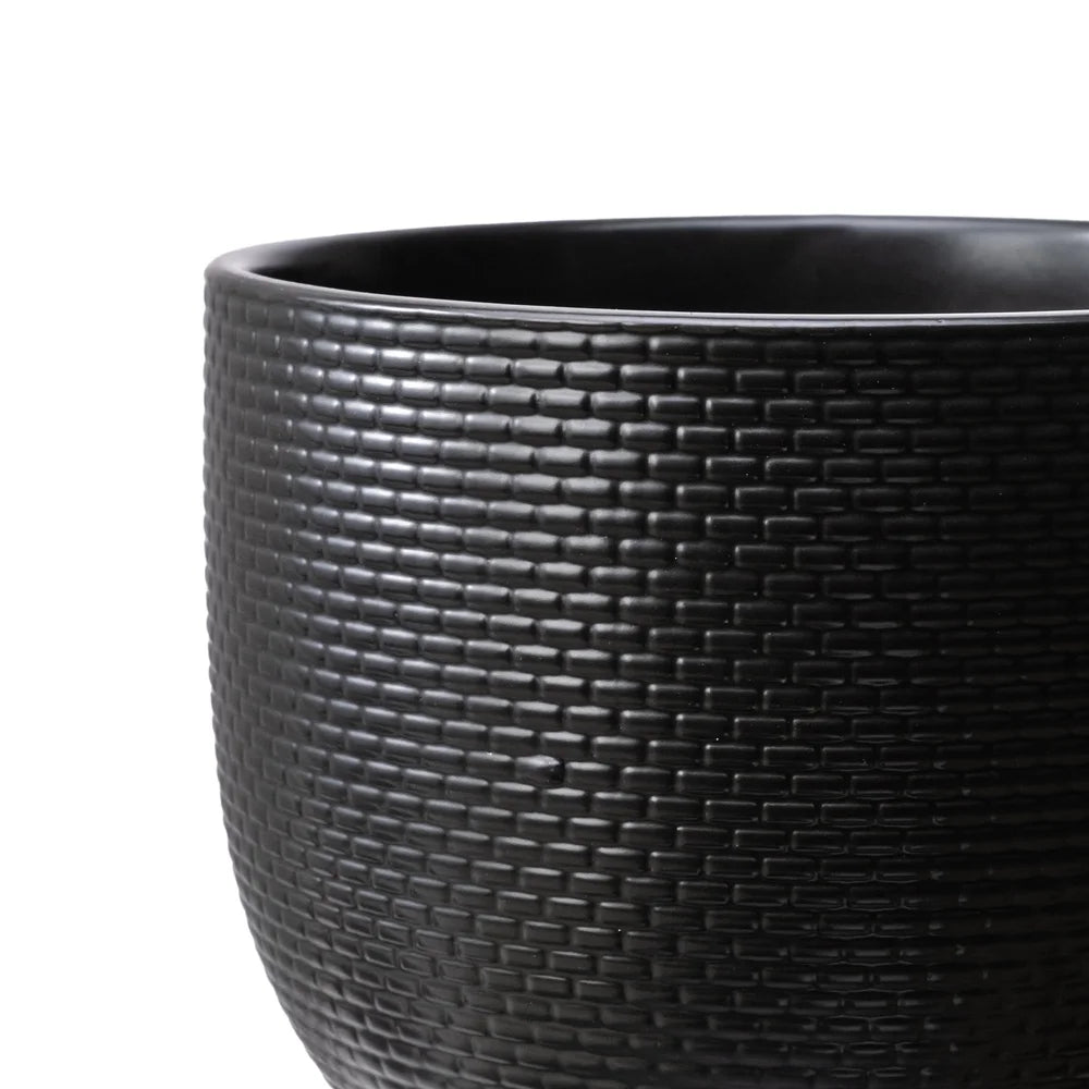 Black Woven Ceramic Planter with Wood Texture Base