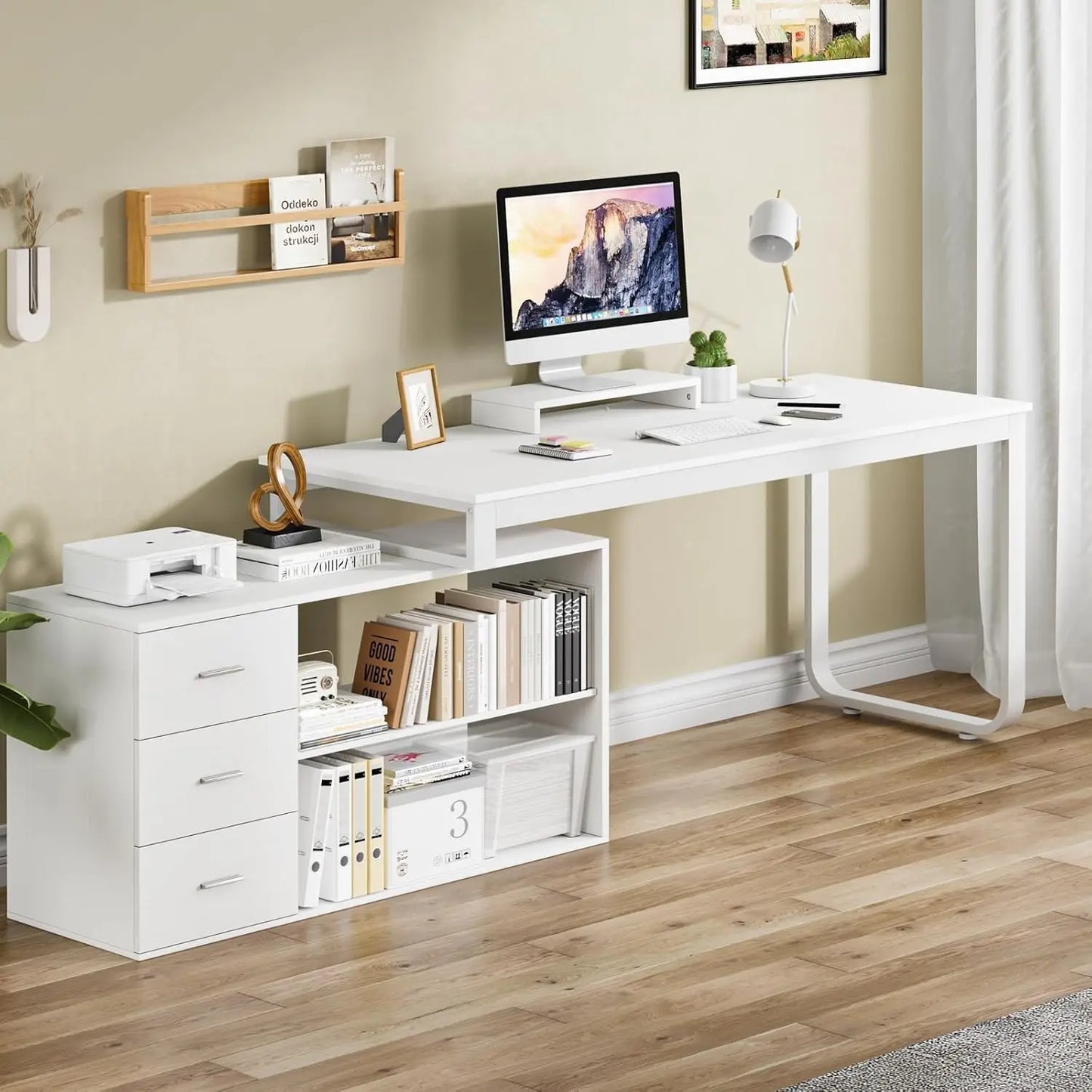 L-Shaped Desk with Drawers and Shelves