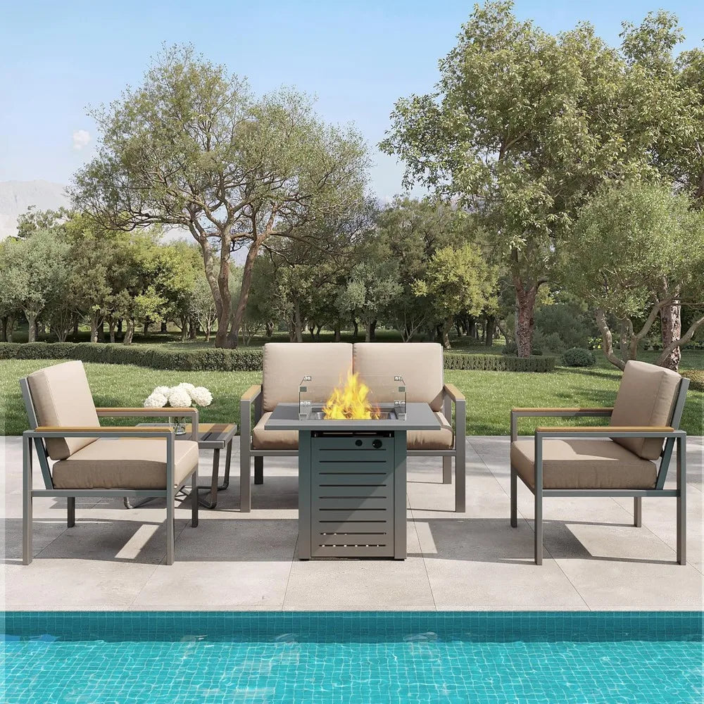Outdoor Patio Furniture Set with Cushions & Wood-Like Armrests