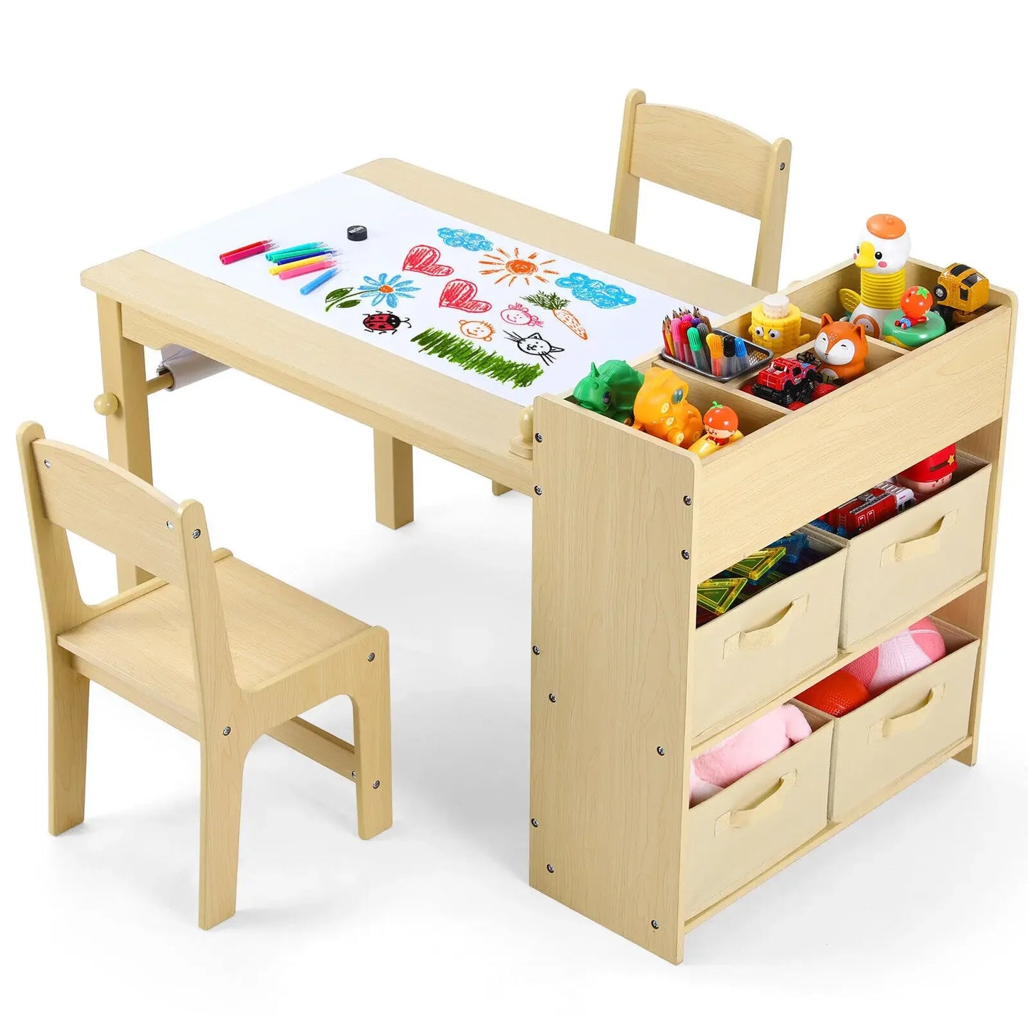 Craft Table with Storage Shelves, Canvas Bins and Paper Roll