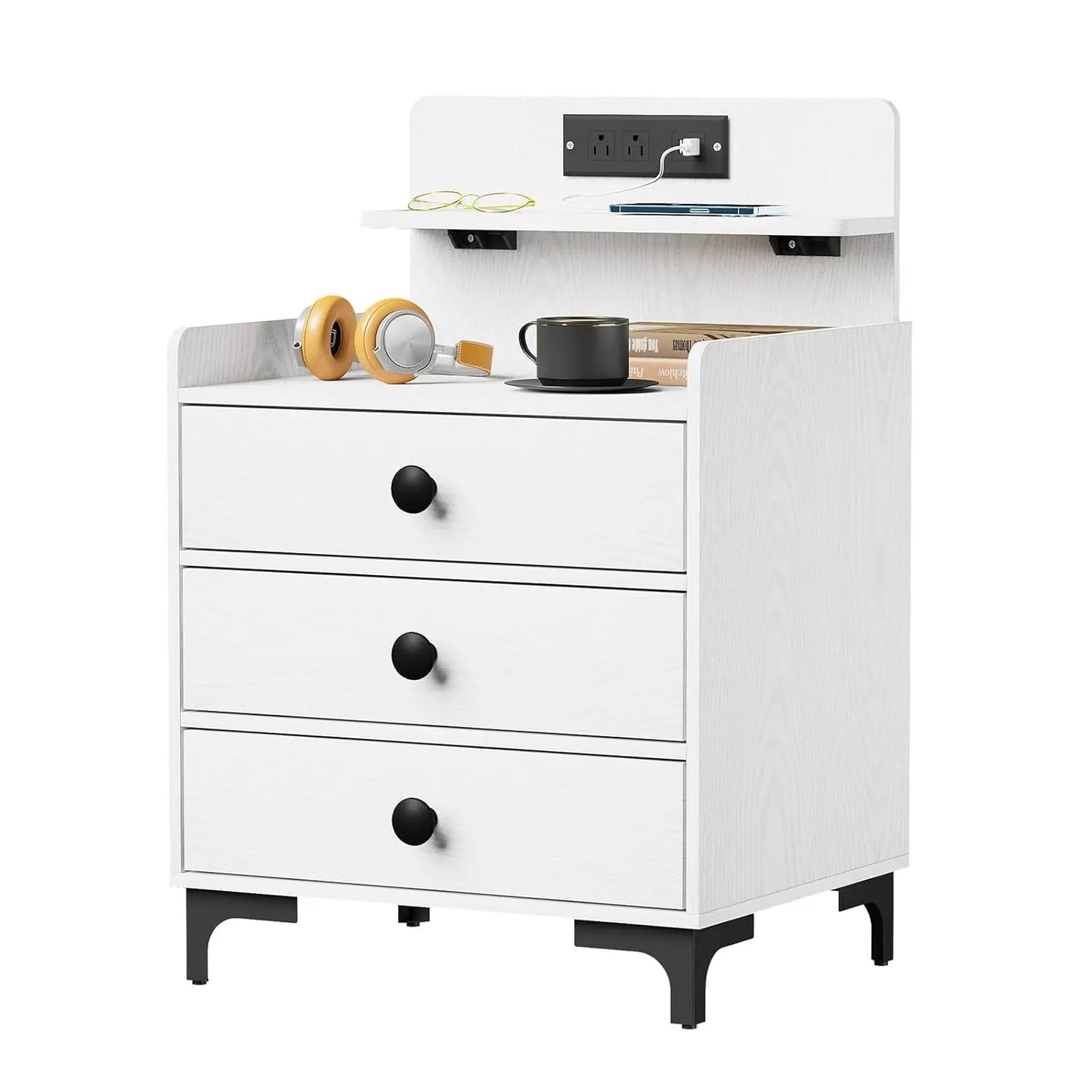 Nightstand With Charging Station, USB Ports and Open Storage Shelf