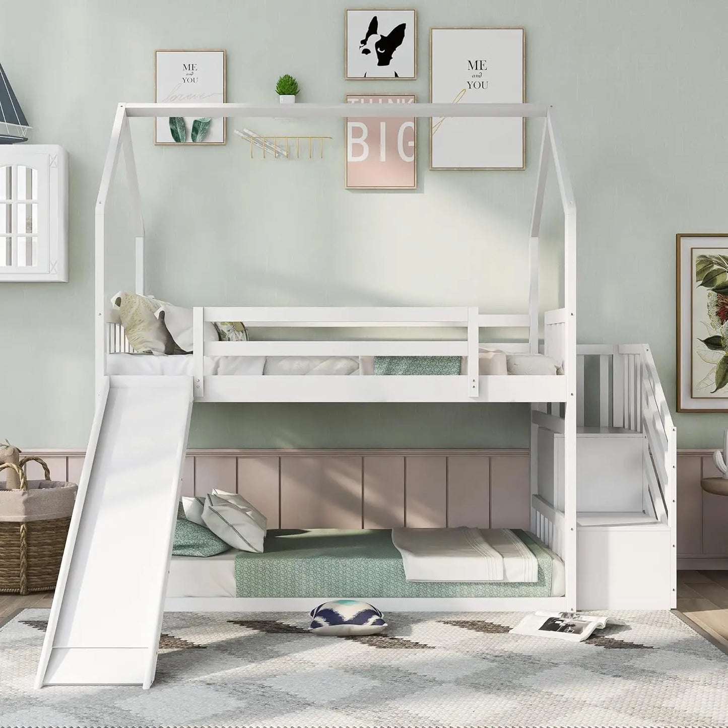 Twin Over Twin Bunk Bed with Slide and Stairs and Storage Shelves