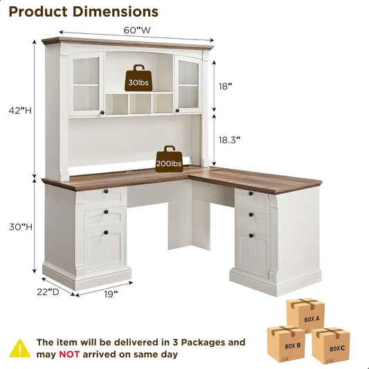 L Shaped Executive Desk with Hutch and Drawers