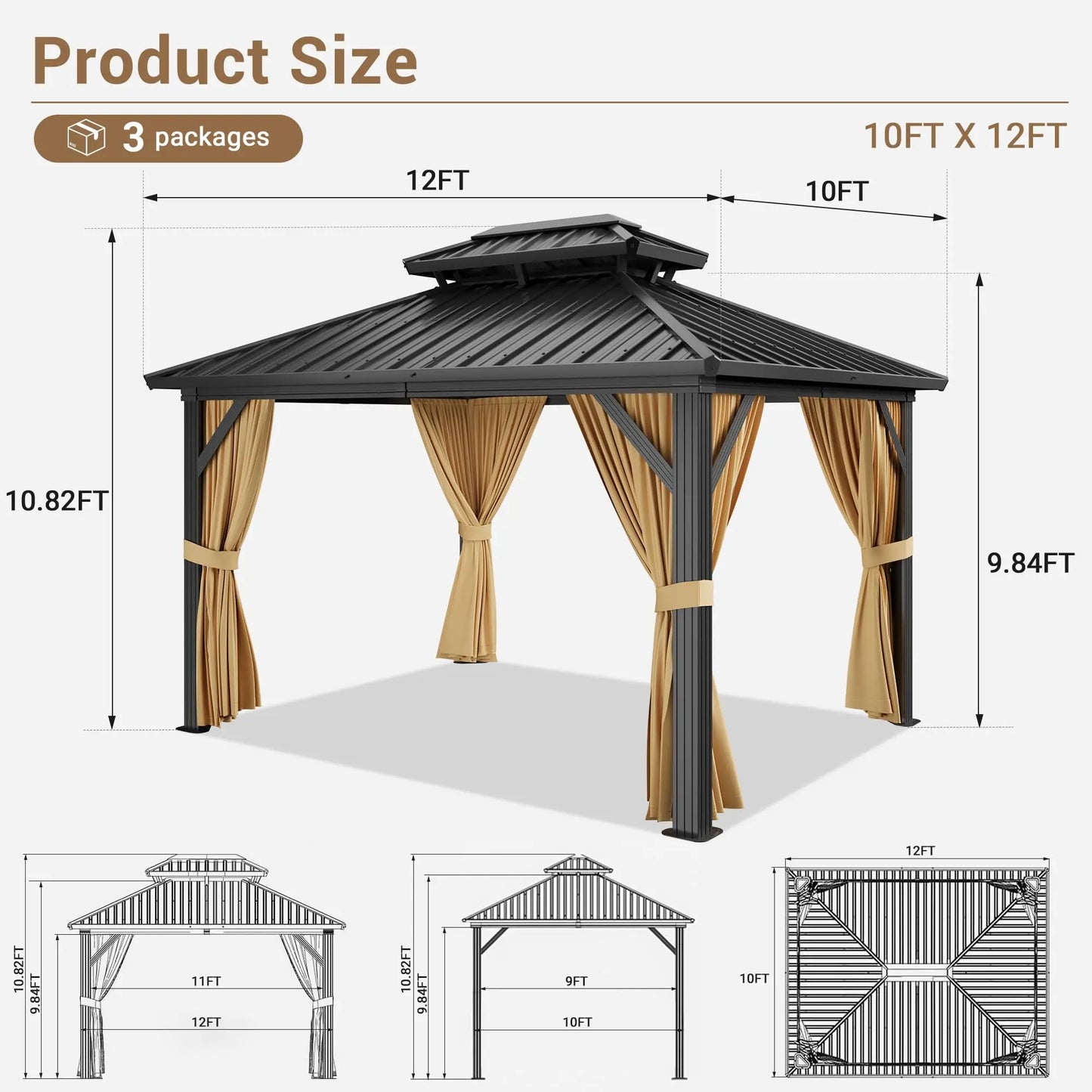 Heavy Duty Hardtop Gazebo Aluminum Permanent Pavilion With Double Steel Roof Netting & Curtains
