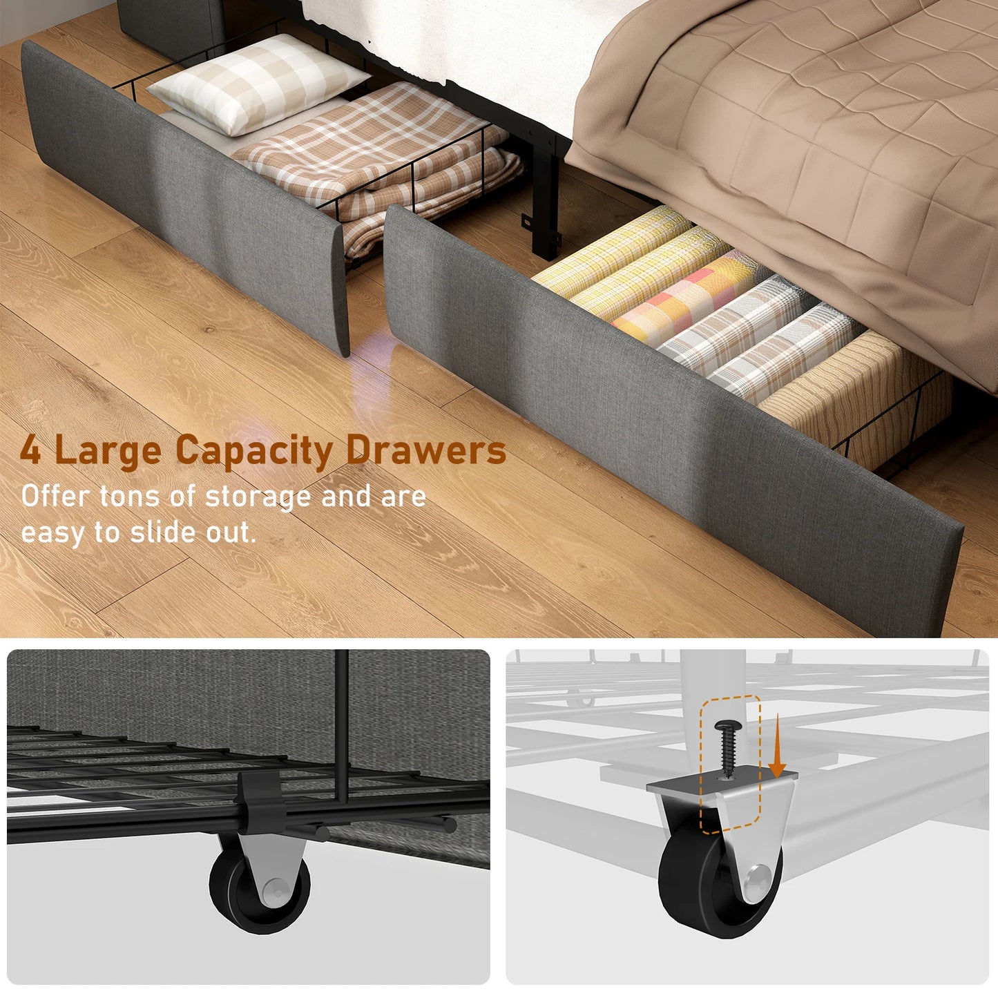Upholstered Headboard & Bed Frame with 4 Storage Drawers and LED Lights