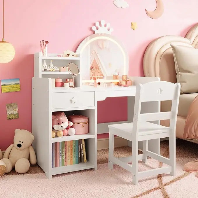 Kids Vanity with Lights, 2 in 1 Princess Makeup Vanity Desk & Chair Set