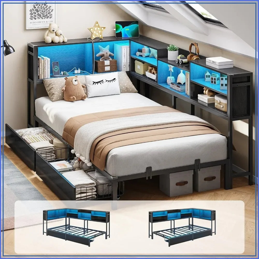 Corner Bed Frame with Bookcase