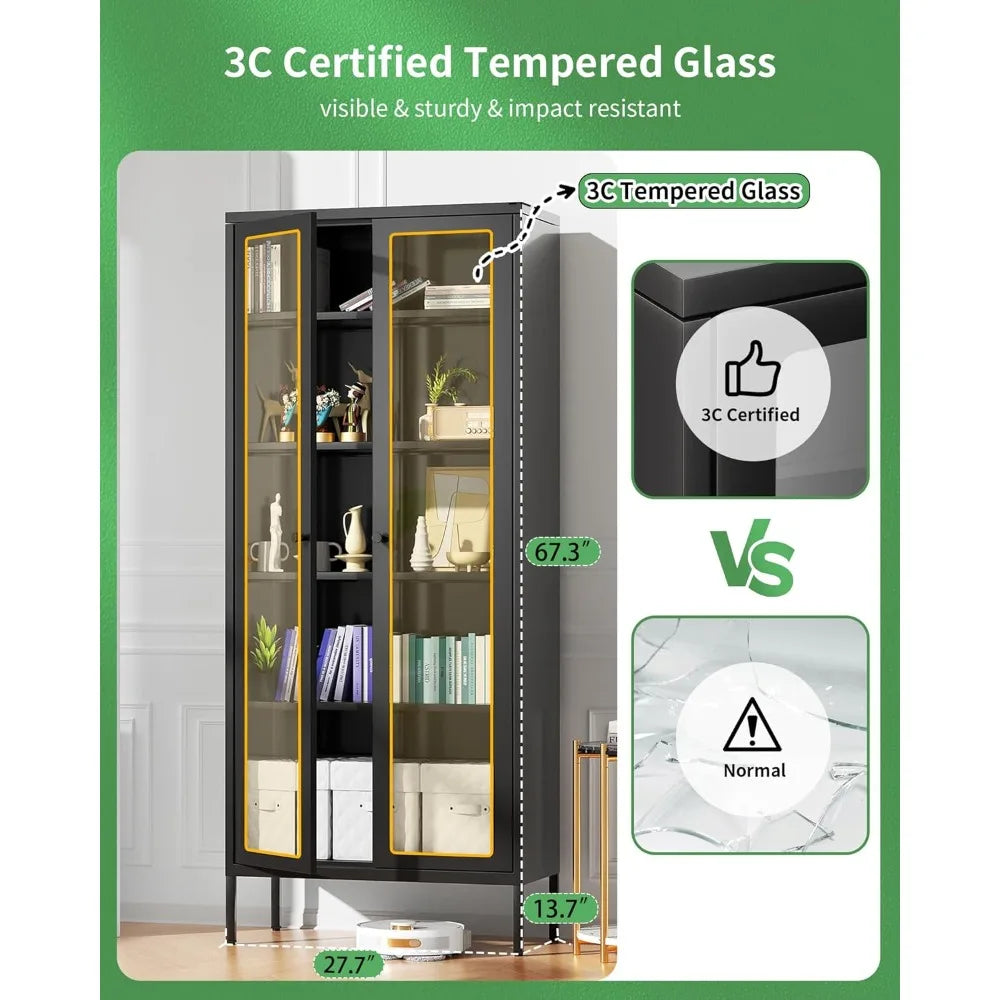 Tall Curio Black Steel Metal Glass Display Cabinet with Doors and Shelves