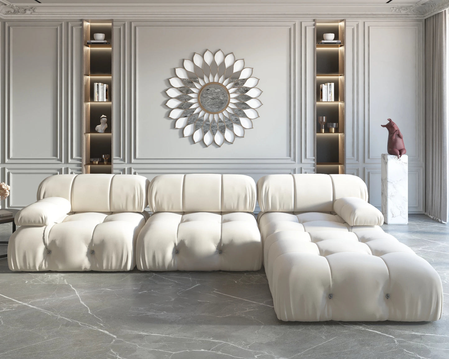 Modern L-Shaped Velvet Couch with Reversible Ottoman