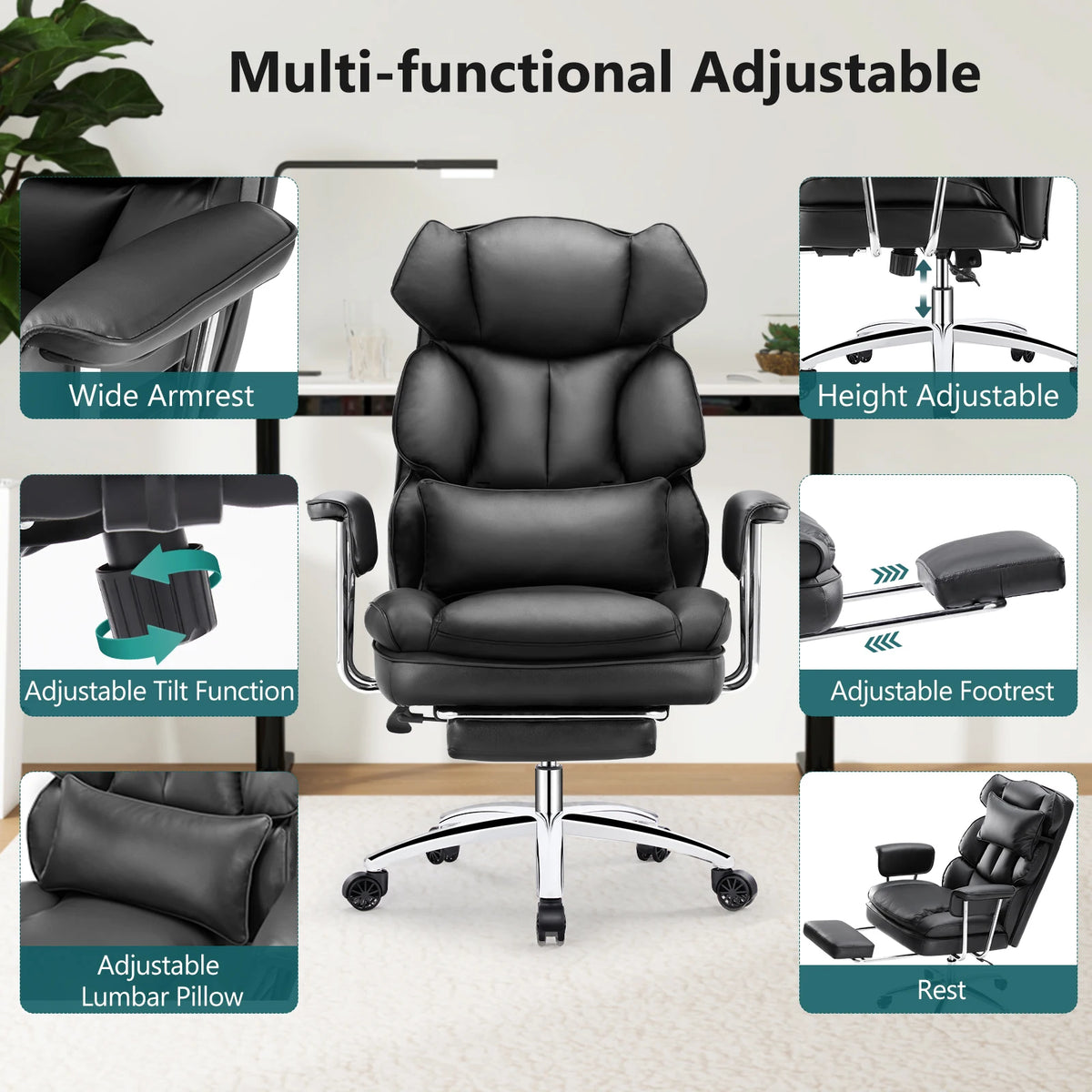 PU Leather Chair with High Back and Footrest Lumbar Support