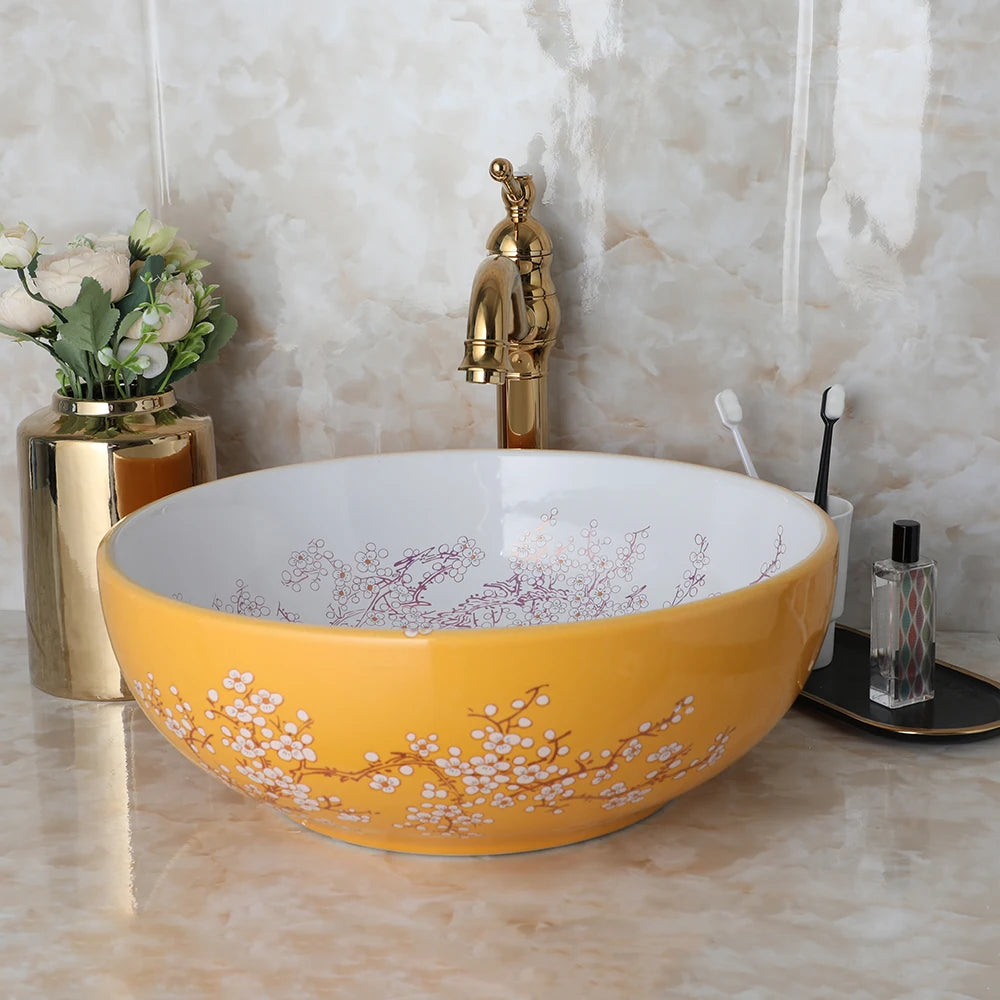 Ceramic Vessel Counter Top Flower Bird Pattern Bowl Sinks for Bathrooms