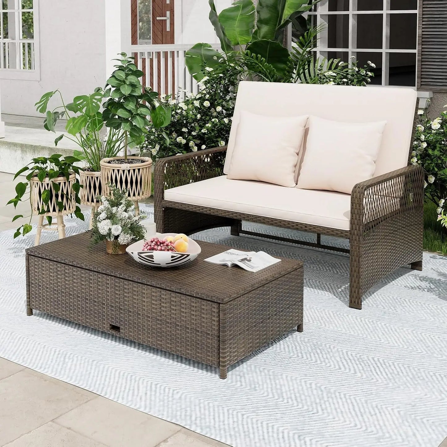 Rattan Daybed Loveseat with Adjustable Backrest & Ottoman and Zipped Cushion