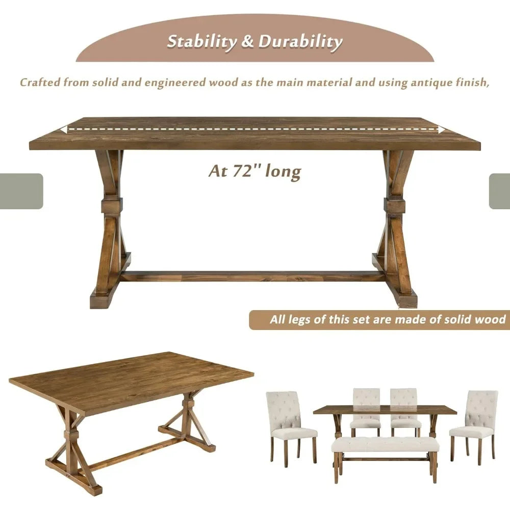Wooden Rectangular Dining Table Set with Upholstered Chairs and a Bench