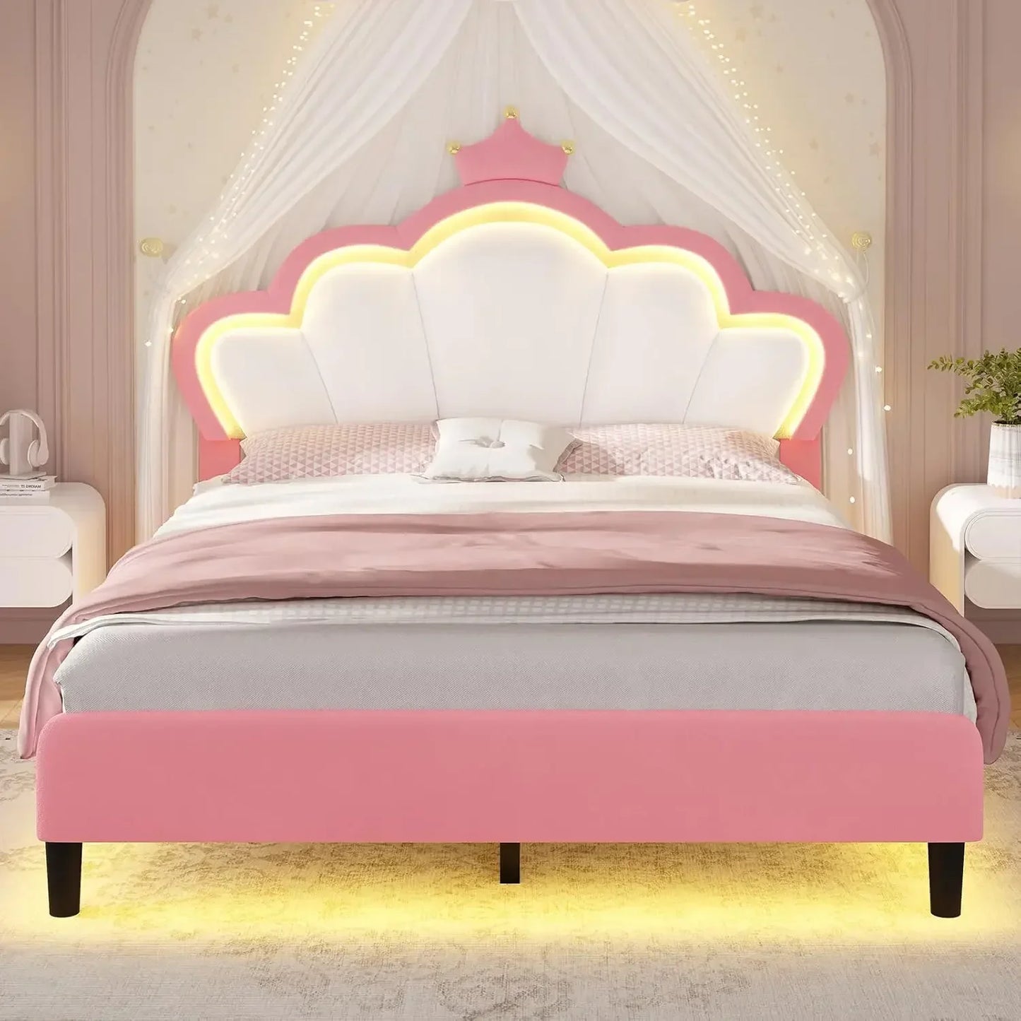 Princess Bed Frame with LED Lights and Adjustable Chic Double Shell Headboard