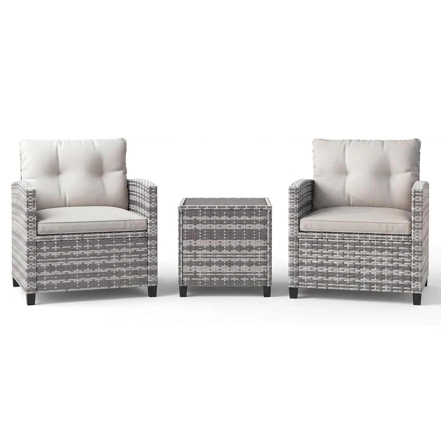 Rattan Patio Chairs and Table Set with Tempered Glass Tabletop and Cushions