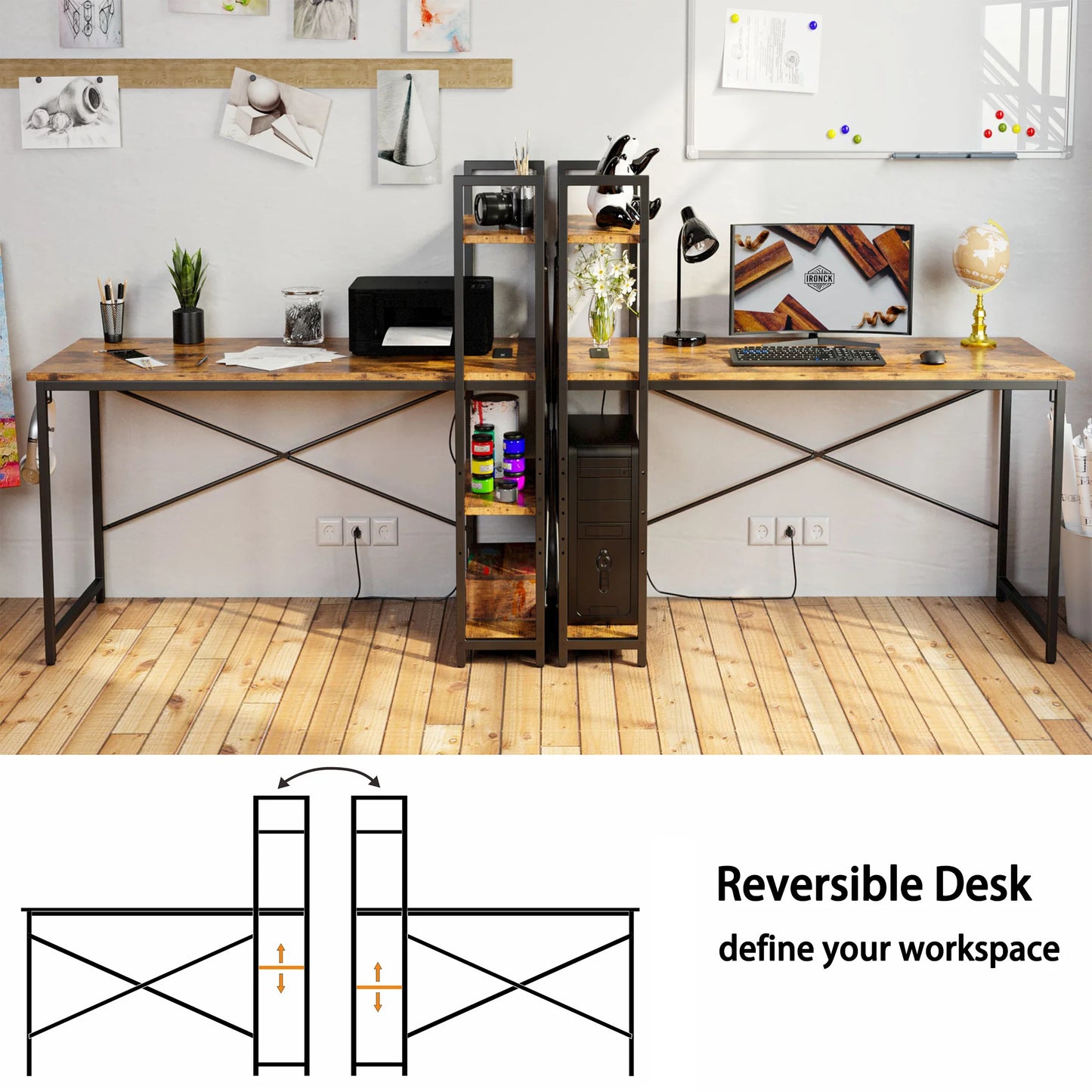 Computer Desk with Power Outlet with Storage Shelves and USB Ports Charging Station