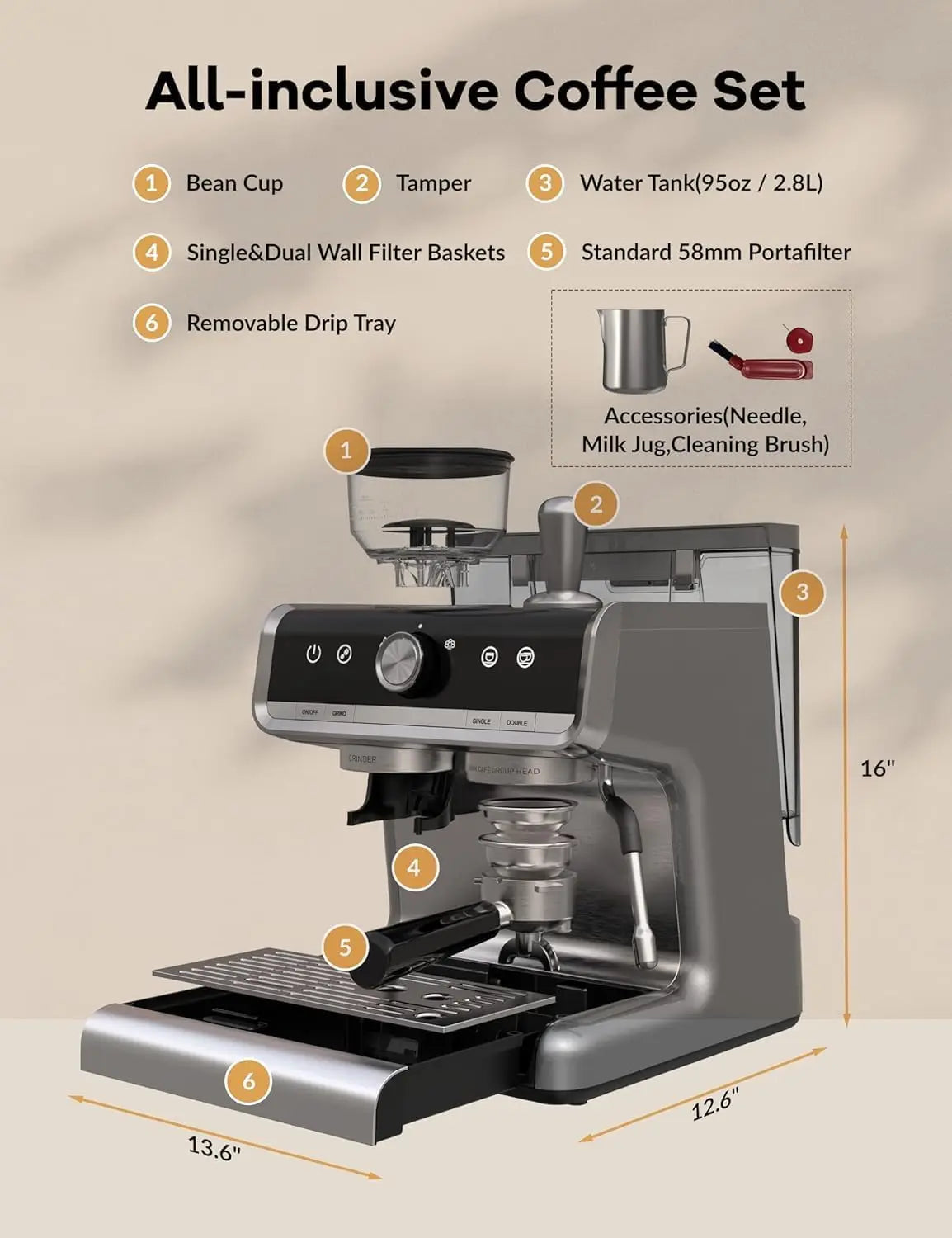 Semi Automatic Espresso Maker with Grinder for Latte Cappuccino