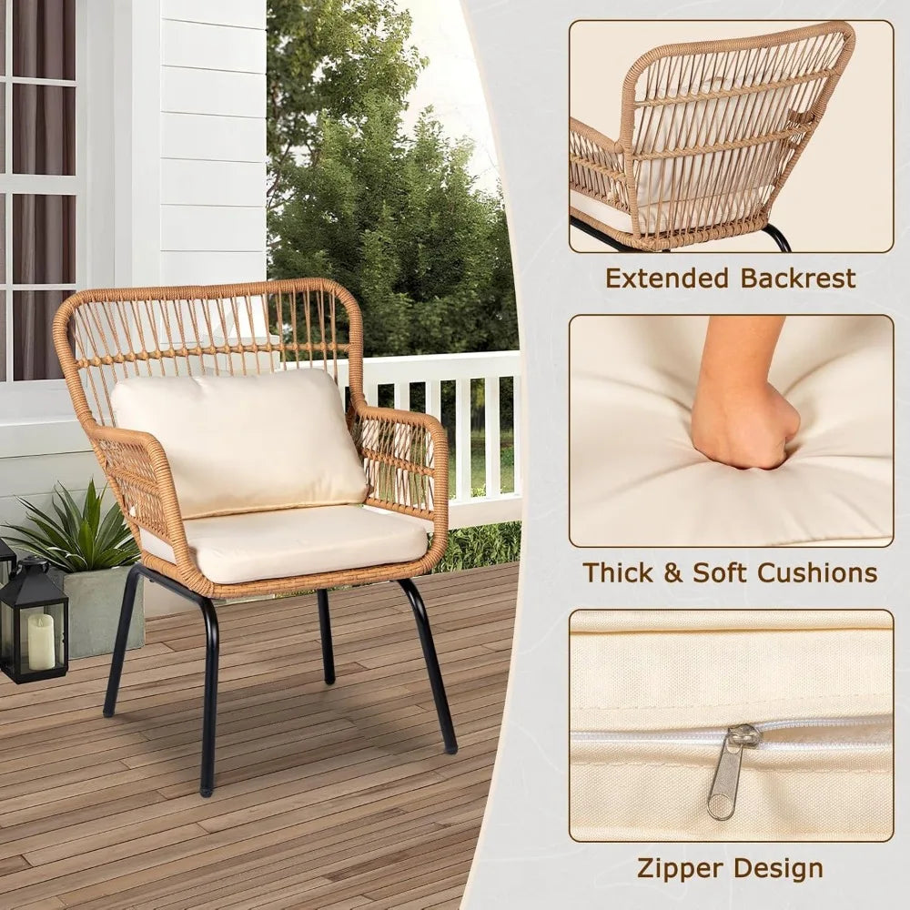 Patio Conversation Set w/2 Large Rattan Chairs and Tempered Glass Table