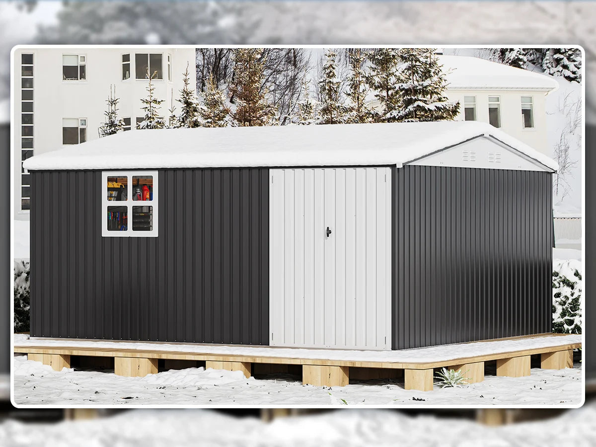 Heavy-Duty Metal Frame Storage with Window and Lockable Tool Shed