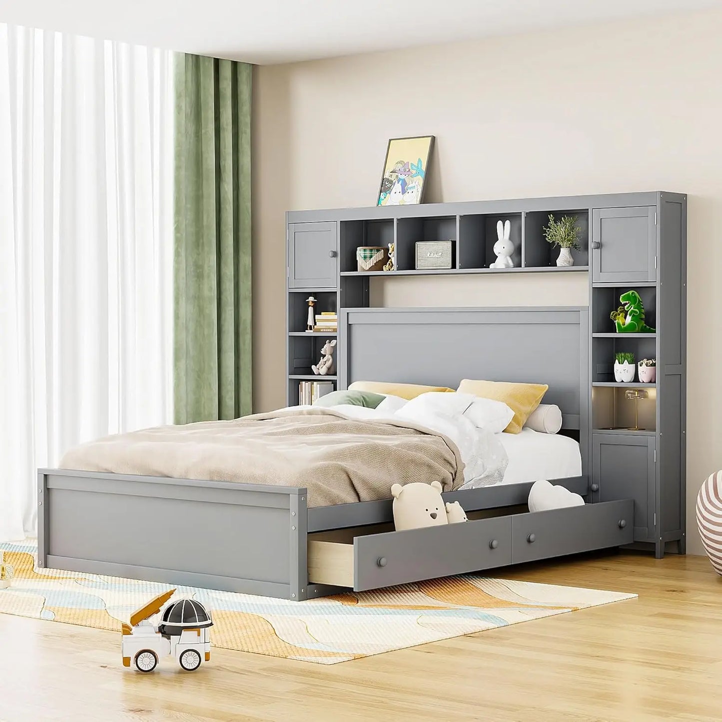 Storage Bed with Bookcase Headboard Platform Bed