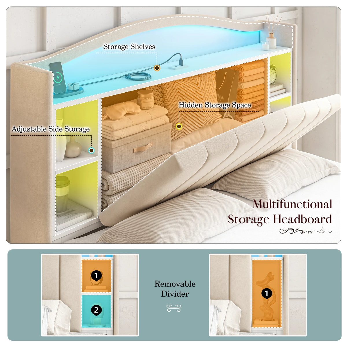 Bed Frame with Bookcase Headboard & Hidden-Cubby
