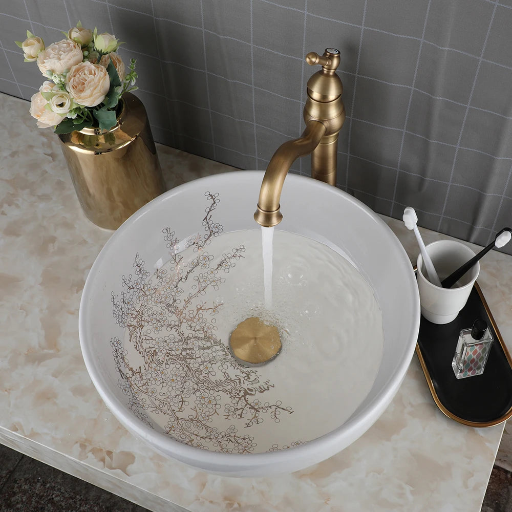 Ceramic Vessel Counter Top Flower Bird Pattern Bowl Sinks for Bathrooms