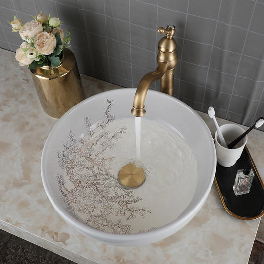 Ceramic Vessel Counter Top Flower Bird Pattern Bowl Sinks for Bathrooms