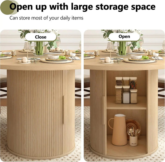 Round Dining Table with 2-Layer Storage Shelf and Wood Slide Door