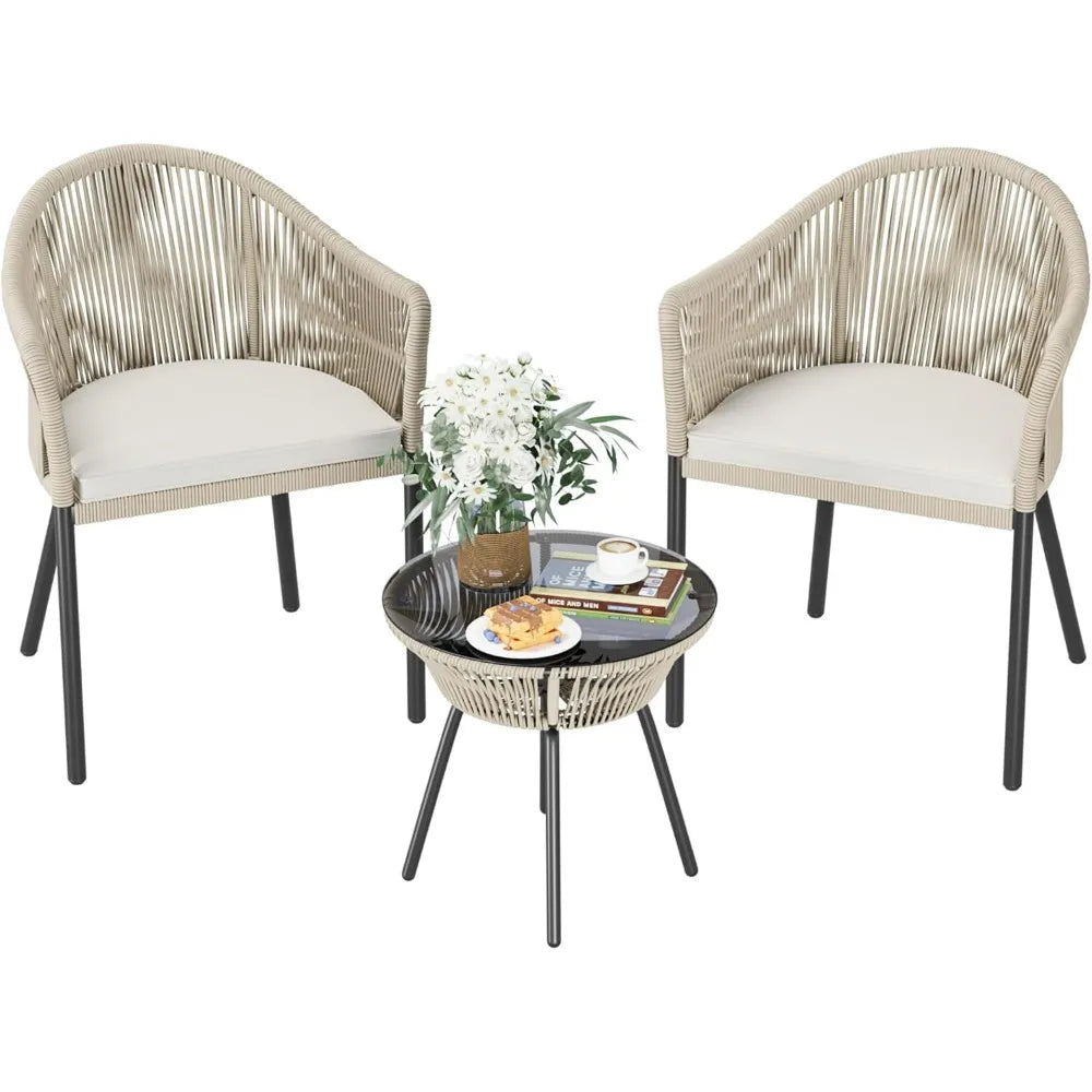 Patio Furniture Set with 2 Wide Chairs and Cushions and with Tempered Glass Table