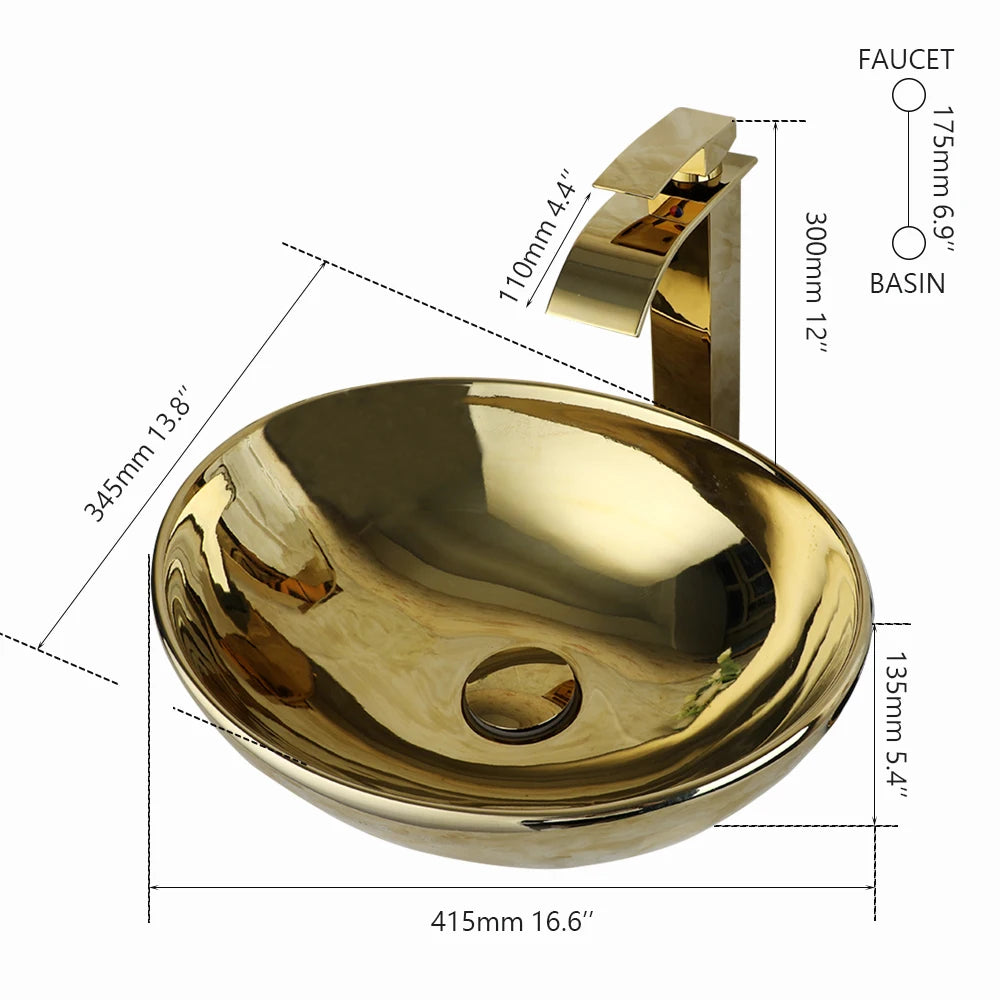 Gold Ceramic Luxury Bathroom Vessel Sink Set