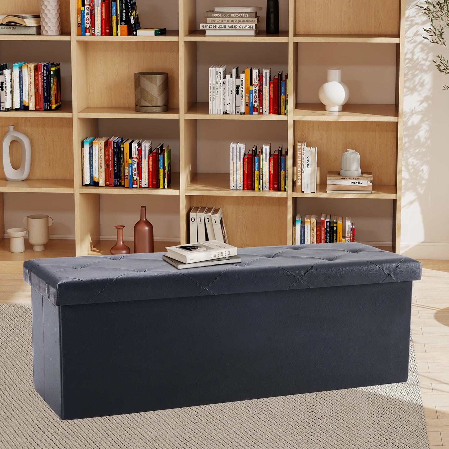 Leather Folding Ottoman Storage Footstool Bench