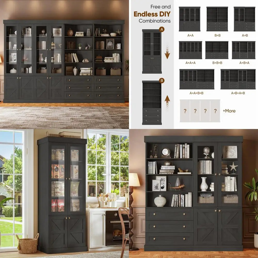 Tall Farmhouse-Style Kitchen Pantry Cabinet with Glass Doors with Adjustable Shelves