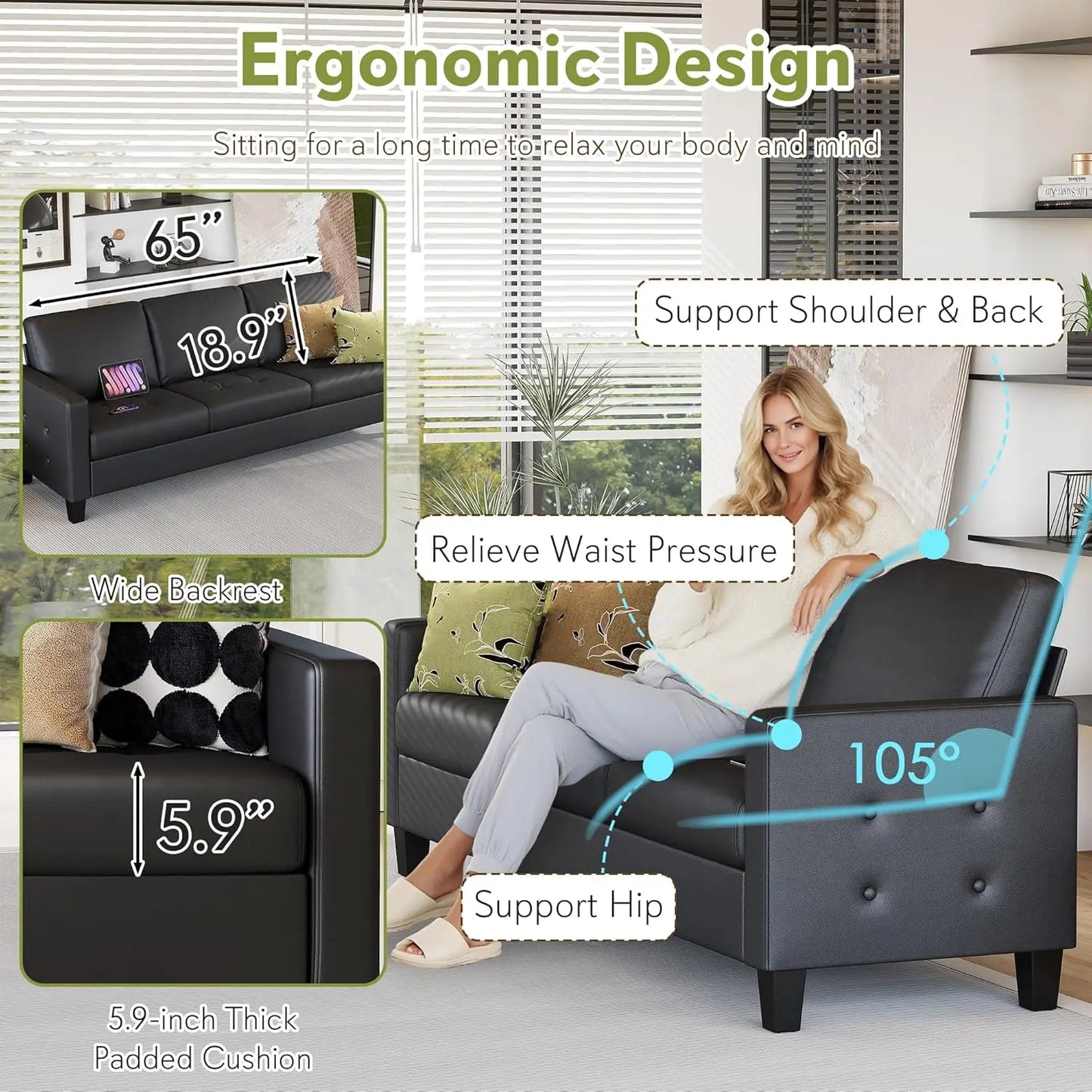 Modern Comfy Faux Leather Sofa Couch
