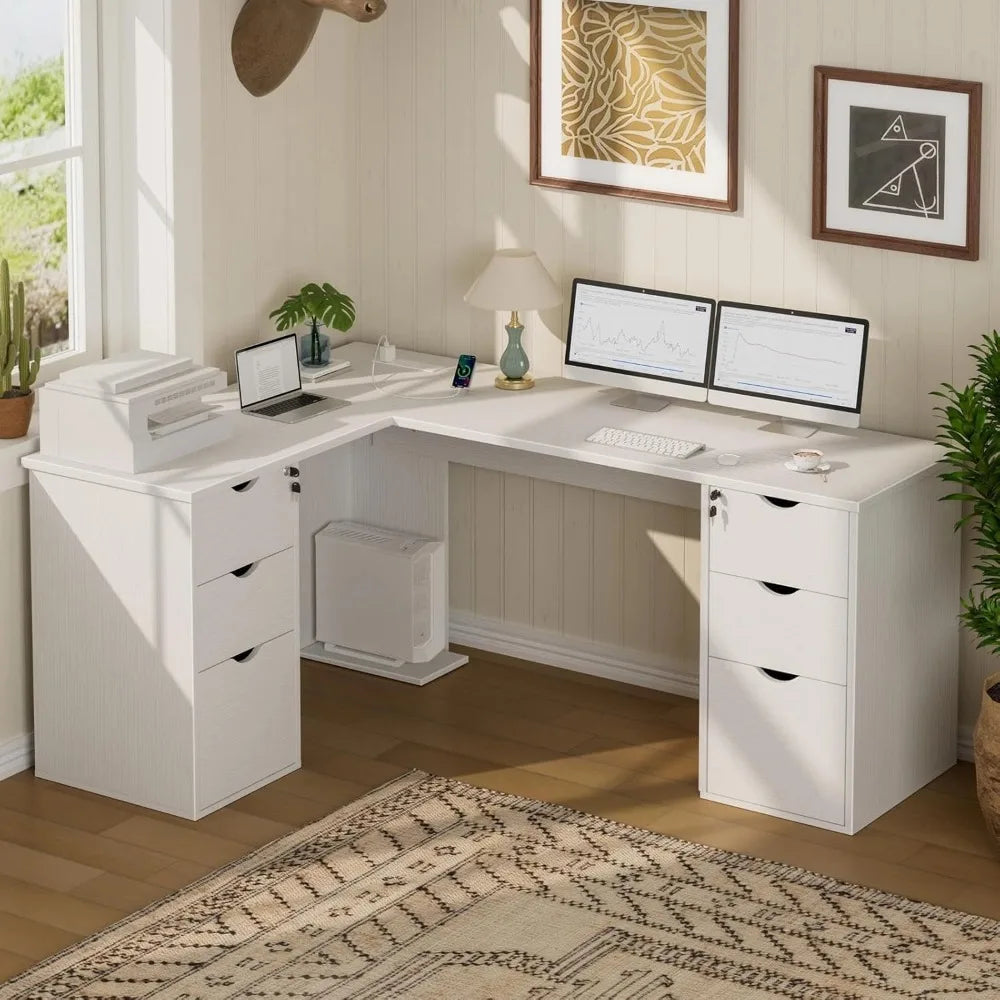 Modern Executive Wooden L-Shaped Office Desk with Lockable Drawers