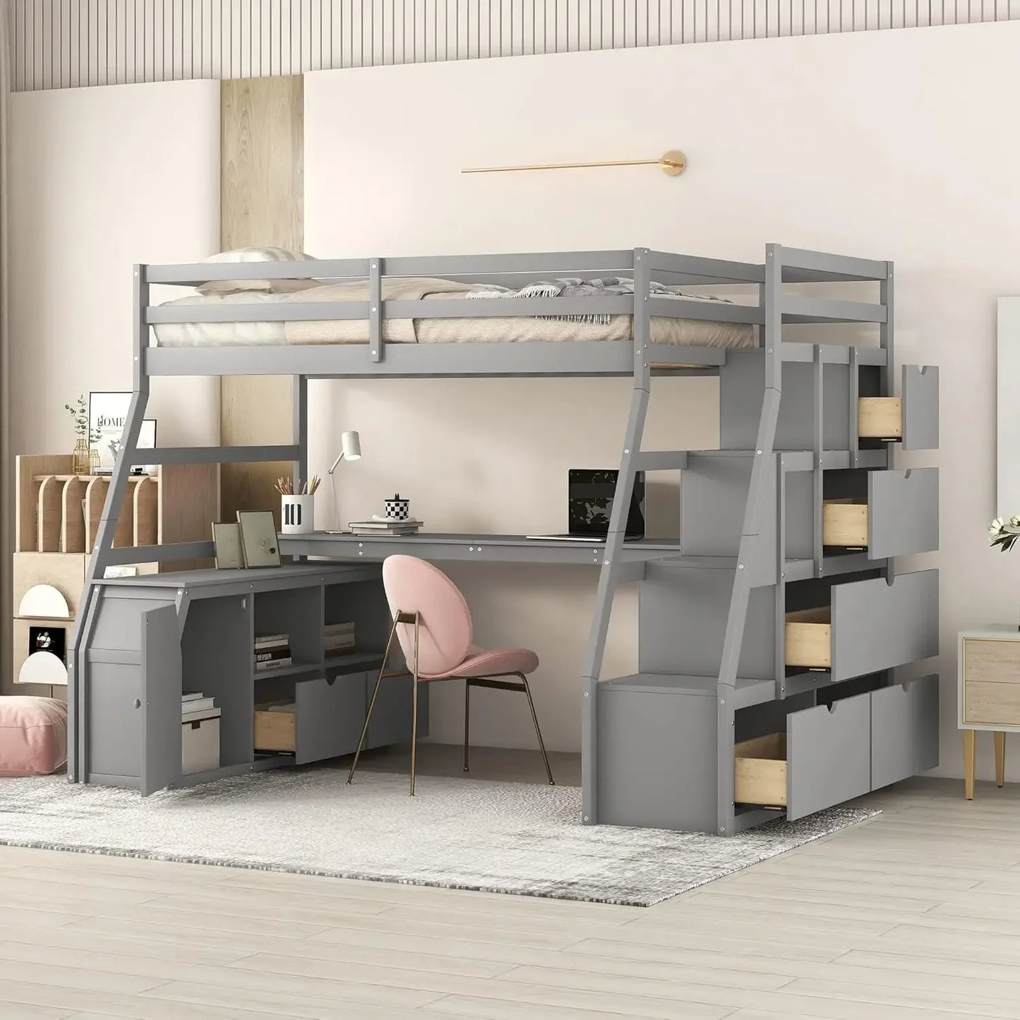 Twin Size Loft Bed with Desk And Storage underneath