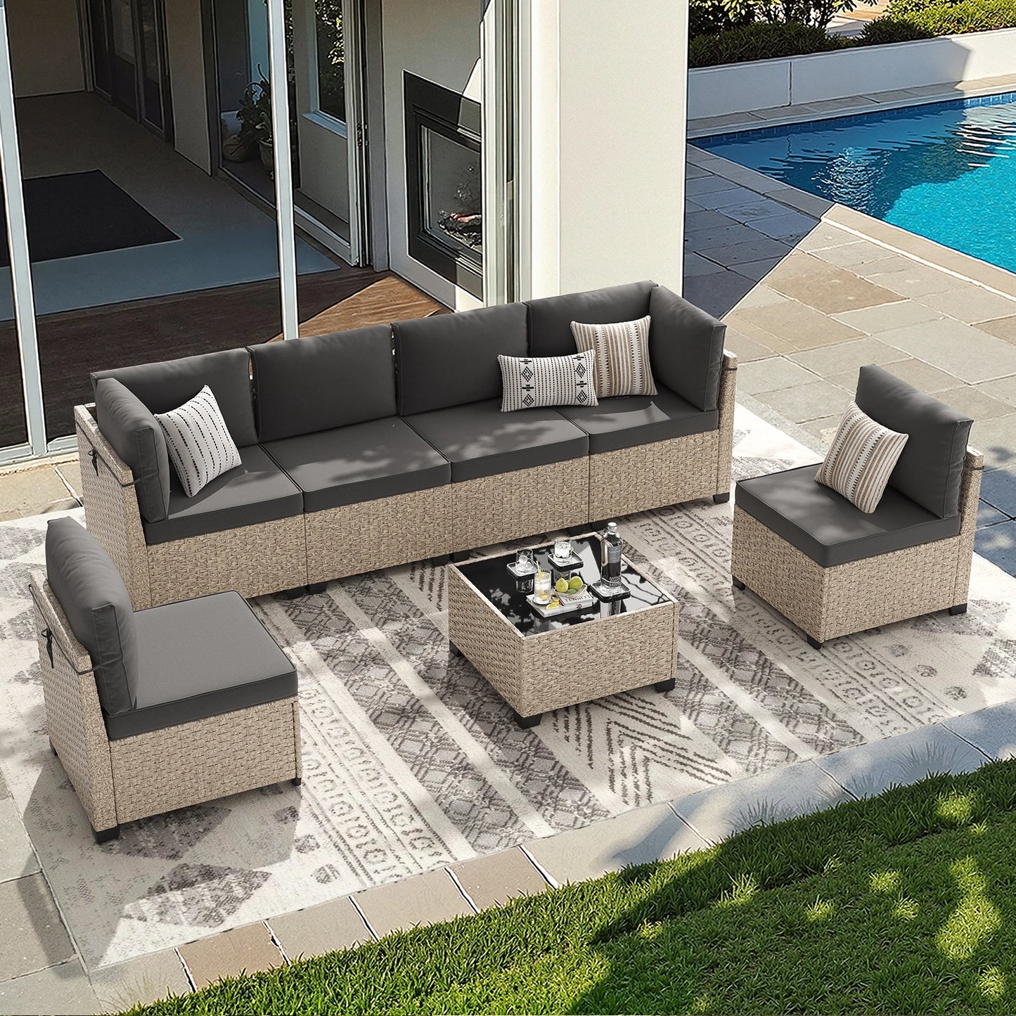 All-Weather Rattan Sectional Sofa with Tempered Glass Table