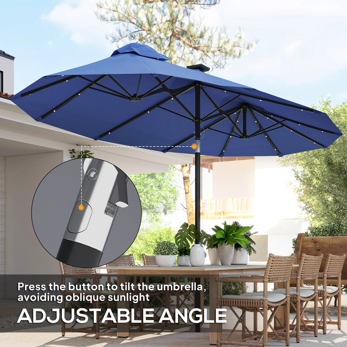 Double-Sided Patio Umbrella with LED Solar Light, Tilt