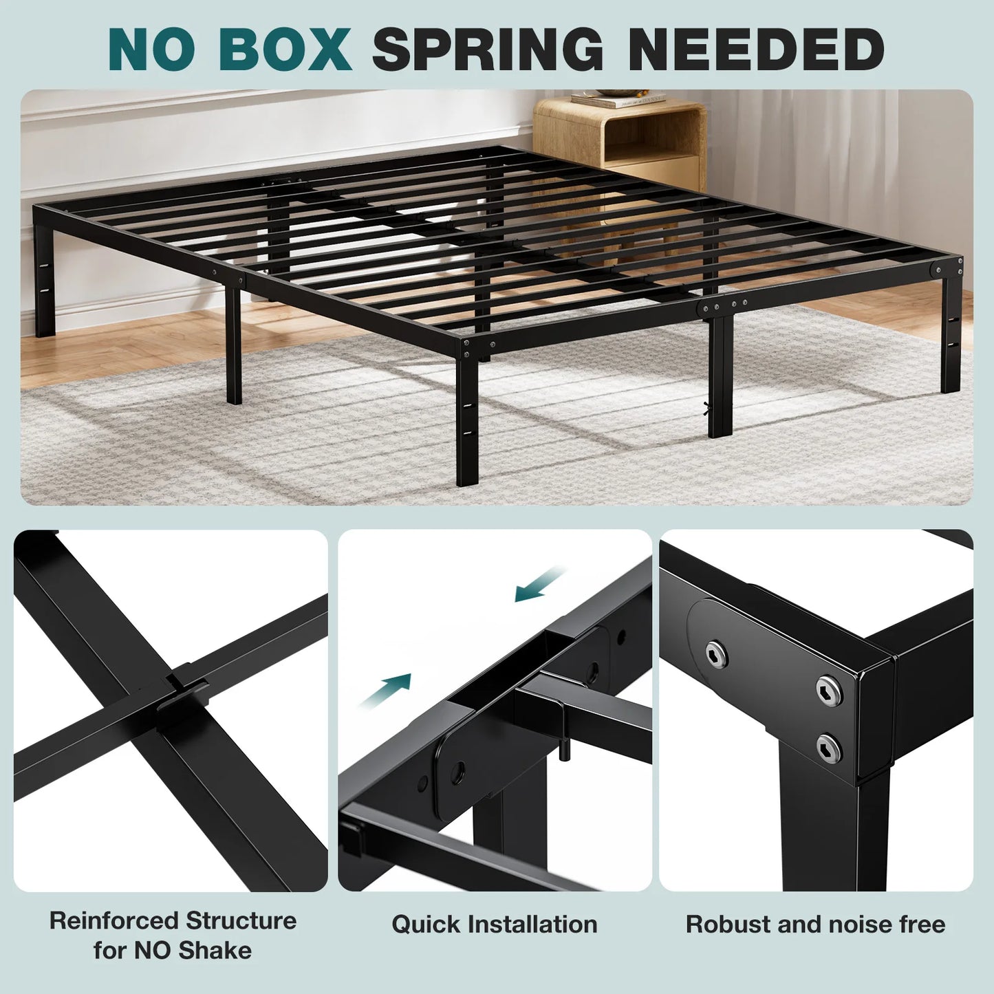 Basic Metal Bed Frame with Storage Space Sturdy Steel Slat Support