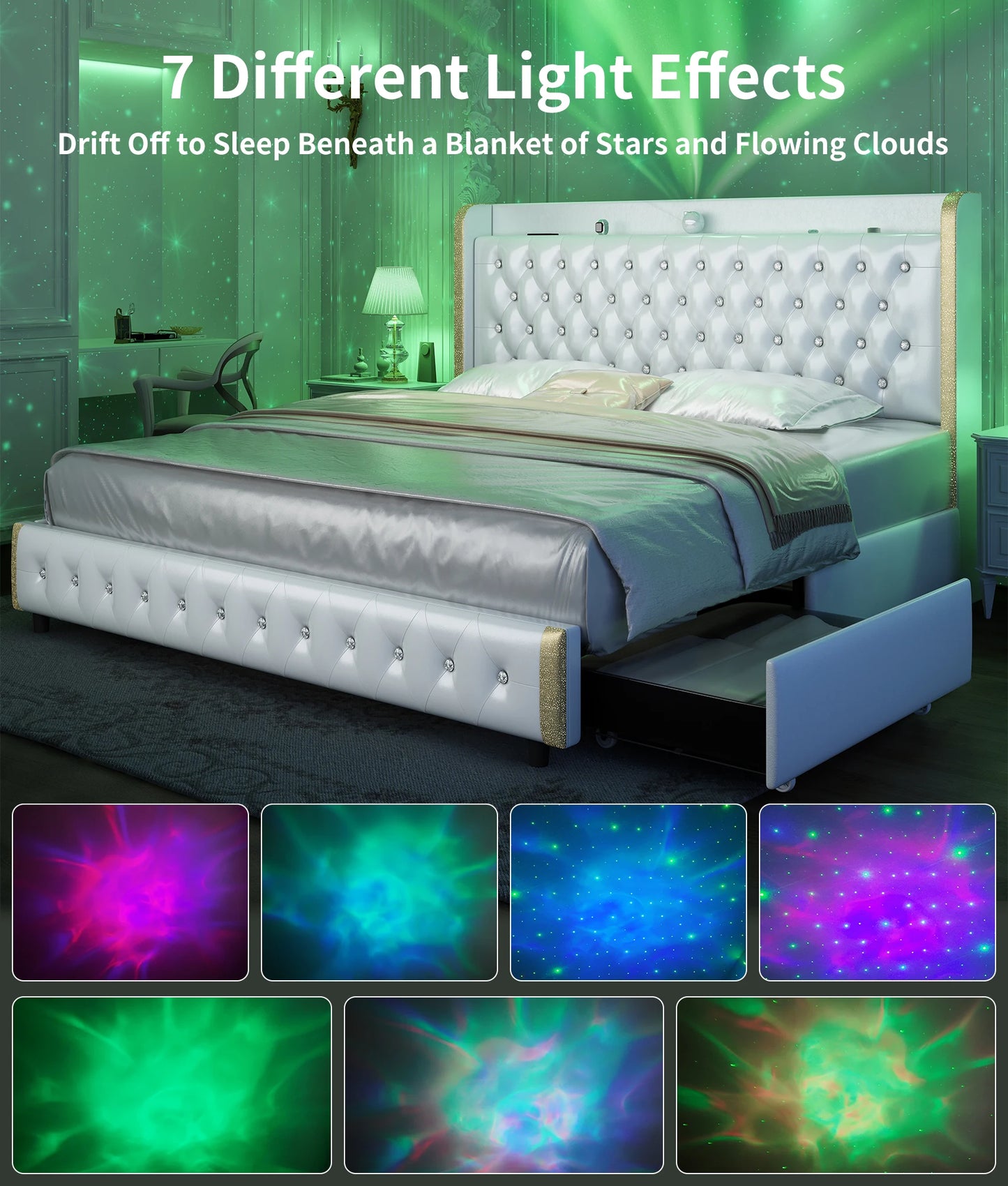 Bed Frame, Galaxy Projector, Bluetooth Speaker, USB Ports, 4 Drawers, No Box Spring Needed