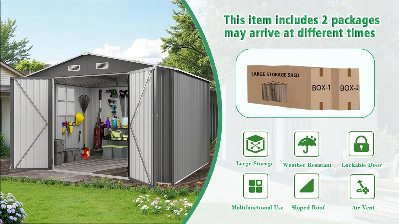 Outdoor Storage Shed - Metal Garden Shed with Double Door