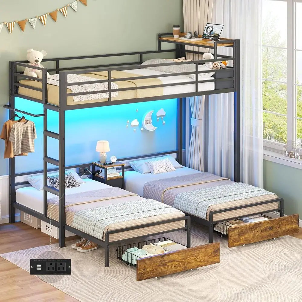 Triple Bunk Bed with Storage Dressers and Bed Shelves